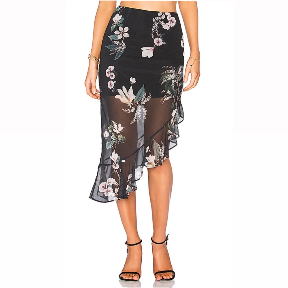KEEPSAKE the Label Black Floral Asymmetrical Ruffle Midi Skirt
